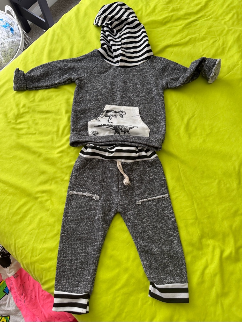 Gray Two-Piece Hoodie & Jogger Set with Striped Accents